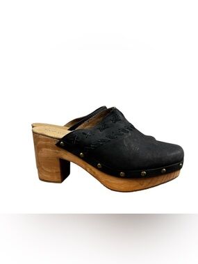 Five Worlds Cordani black suede platform clog with braiding details